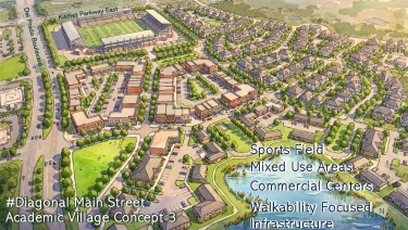 Aerial rendering of the Academic Village area, called Diagonal Main Street, with notes for a sports field, mixed use areas, commercial centers, and walkability focused infrastructure.